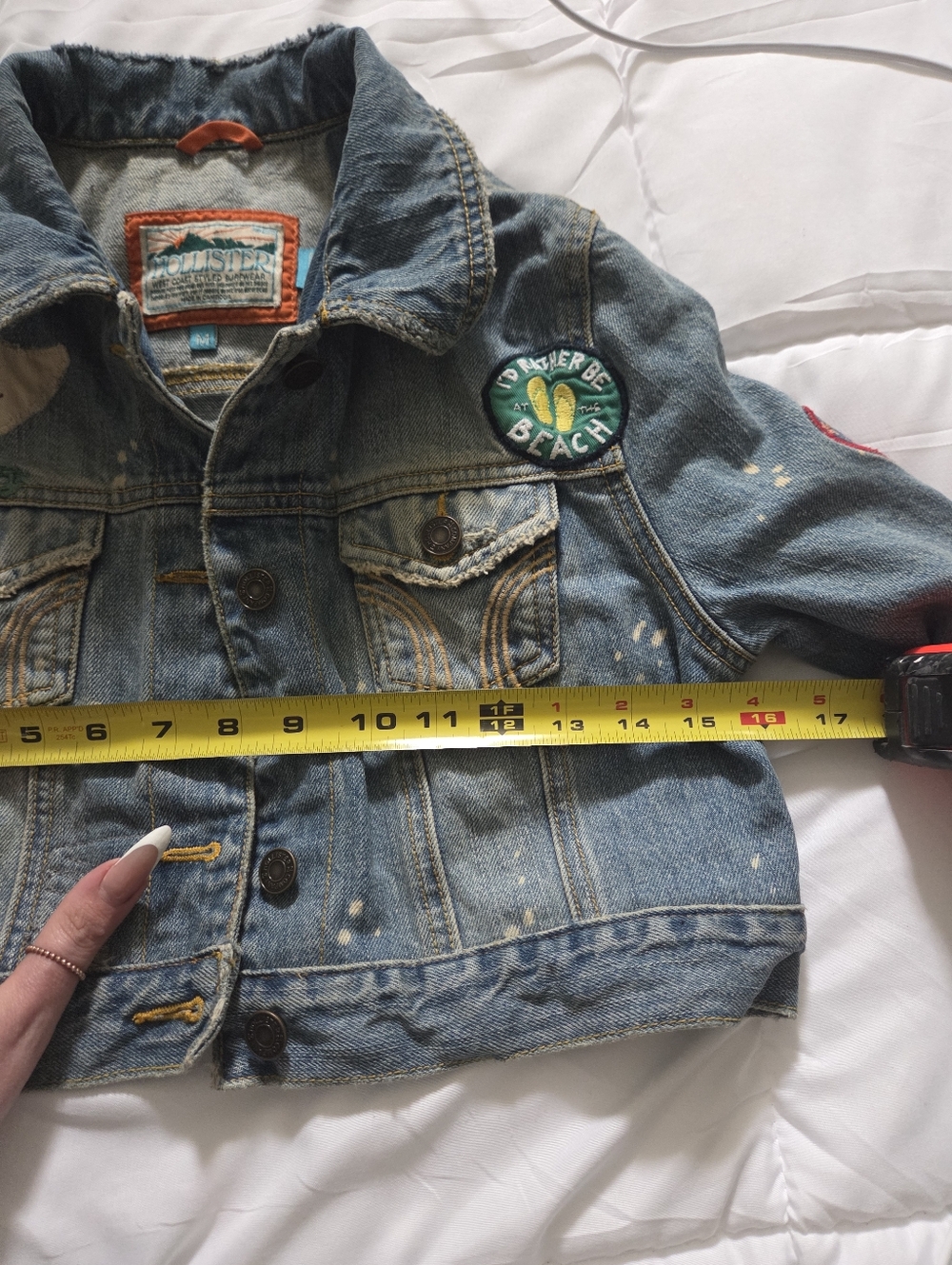 Vtf Y2K Cropped Distressed Denim Hollistet Jacket with Patches - Blue, Size M - Picture 7 of 9